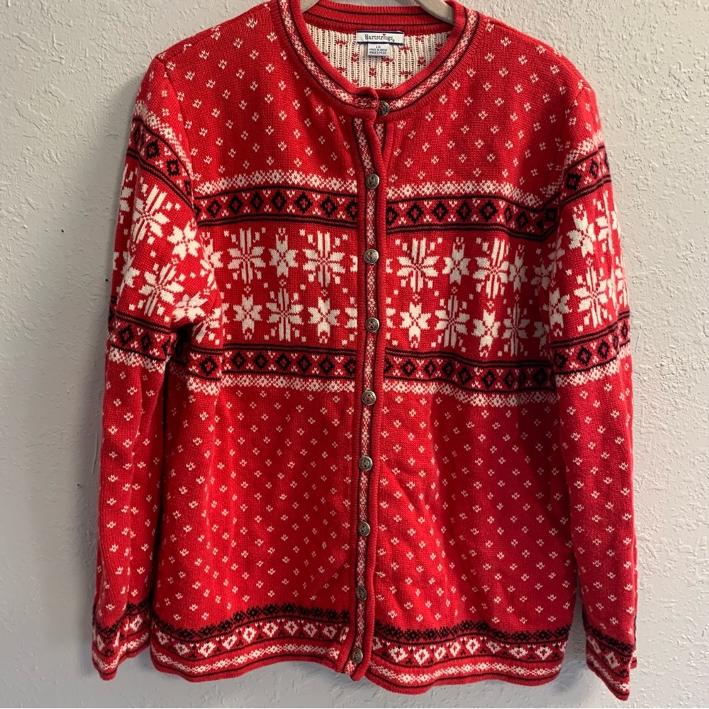 Hartstring 100 percent cotton cardigan red white and black size large